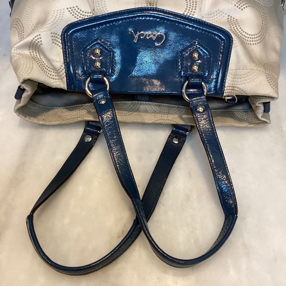 Coach Bag Purse Handbag Ashley Dotted OpArt Tan Blue Canvas Leather Carry All - Picture 10 of 14